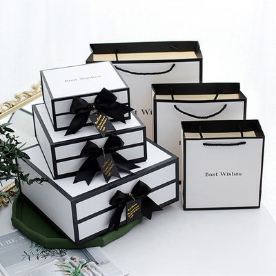 Caixas de presente magnéticas brancas rígidas do cartão com Rim And Ribbon Bow preto