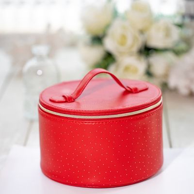 Círculo portátil personalizado do caso de couro de pouco peso da vaidade das senhoras vermelho